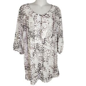 Jennifer Lopez Womens Blouse Size 1X Leopard Print Sheer Pullover Button Detail